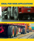 Extra Large Wheel Chock Two Pack Heavy Duty Molded Rubber For Trucks Trailers RVs And Large Freight Equipment Up To Forty Thousand Pounds Capacity Each No Handle securing a truck and trailer on a road for stability and safety compliance.