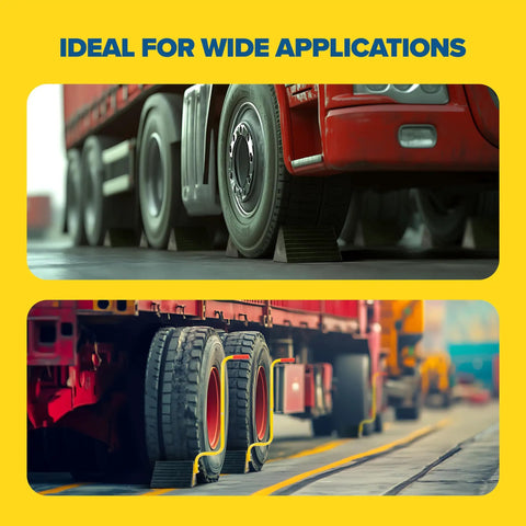 Extra Large Wheel Chock Two Pack Heavy Duty Molded Rubber For Trucks Trailers RVs And Large Freight Equipment Up To Forty Thousand Pounds Capacity Each No Handle securing a truck and trailer on a road for stability and safety compliance.