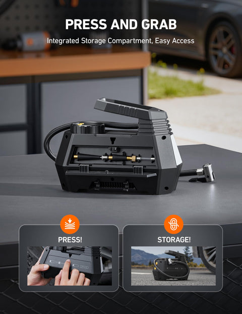 H2 Pro Cordless Tire Inflator Portable Air Compressor with dual power storage compartment shown on table, with 12V DC adapter visible