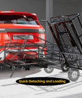 Foldable Hitch N Roll Cargo Carrier Cart with detachable basket connected to SUV, showing conversion to push cart.