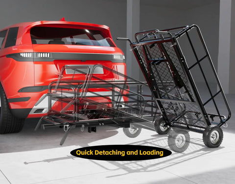 Foldable Hitch N Roll Cargo Carrier Cart with detachable basket connected to SUV, showing conversion to push cart.