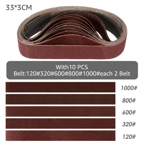Extra abrasive strips for Compact Mini Belt Sander Pack A Punch With Quick Adjust Speed Dial, includes five grit levels.