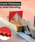 Heavy Duty Aluminum Table Saw Height Gauge For Dead On Cutting Heights shows 1/4 inch thickness next to a saw blade cutting wood.