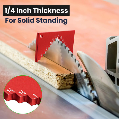 Heavy Duty Aluminum Table Saw Height Gauge For Dead On Cutting Heights shows 1/4 inch thickness next to a saw blade cutting wood.