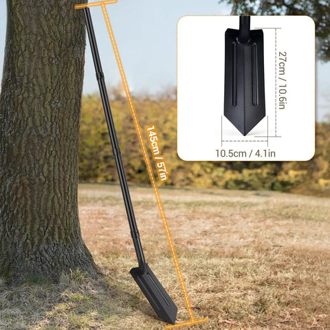 Narrow Trenching Spade With 56 Inch Long Handle, 4 Inch Wide V Shaped Blade for precise digging in tight spaces, displayed against tree.