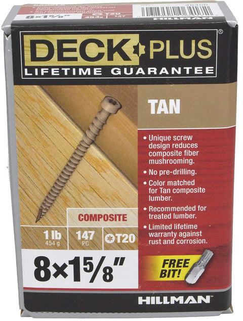 Tan Star Drive Composite Deck Screws Pre Drilled Countersunk 8x1.5" heavy duty screws in packaging for wood polymer decking.