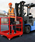Red 36x36in forklift man basket with guard rails attached to blue forklift, for 1–3 people