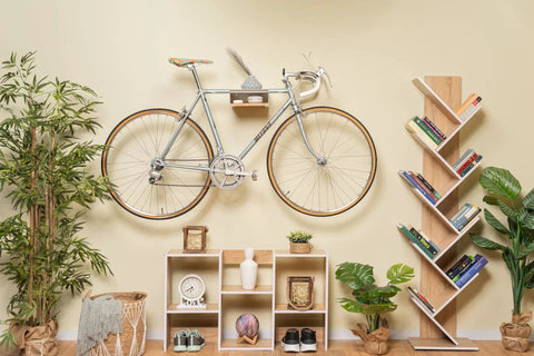 Wall Mounted Bike Rack With Bamboo Shelf For Indoor Storage And Decor displaying minimalist bicycle hanger in living room setup