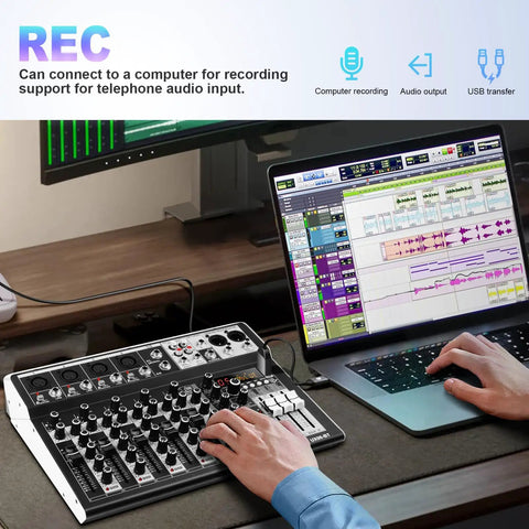 Person using Six Channel Bluetooth Audio Mixer With USB Playback, 16Bit DSP Reverb, 48V Phantom Power, 3Band EQ next to laptop