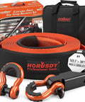 Heavy Duty Tow Strap 3 Inch Wide By 30 Foot Long With Hooks, 35,000 Lbs Break Strength, Includes 2-Inch Shackle Receiver And Three Quarter Inch D Ring Shackles Two Pieces displayed with packaging and accessories.