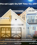 Smart WiFi Outdoor LED Security Light With Motion Sensor illuminating house exterior at different color temperatures