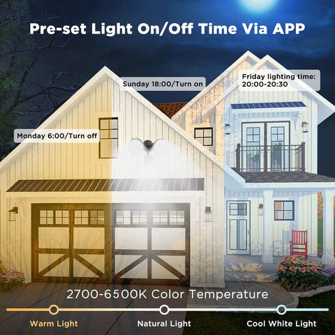 Smart WiFi Outdoor LED Security Light With Motion Sensor illuminating house exterior at different color temperatures