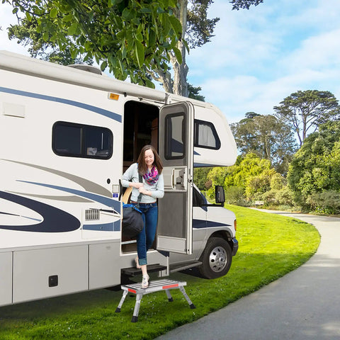 Non Slip Folding RV Steps With Adjustable Height, Lightweight Aluminum Step Stool, 4 Height Settings, Heavy Duty 1000 Pound Capacity, Non Slip Gripper Surface, Easy Stow And Go, RV entry use