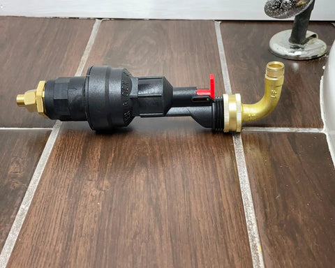 Automatic Toilet Leak Detector And Shutoff Valve Kit That Kicks Pesky Flush Leaks To The Curb And Saves Your Dough From Burst Hose Mayhem Using Hassle Free Installation, showing valve with black plastic and brass fittings.