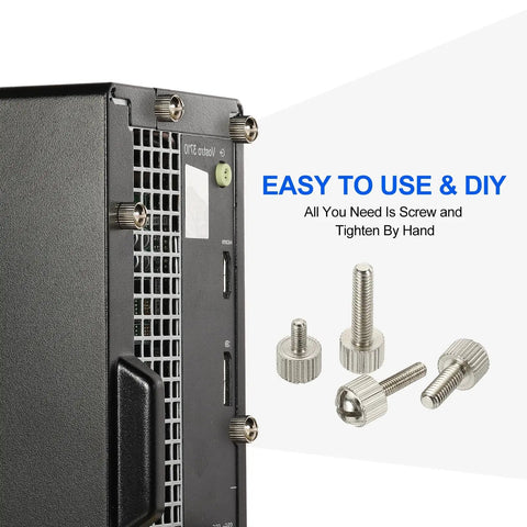 10 Pack 6-32 Knurled Phillips Thumb Screws Nickel Plated Carbon Steel securing a PC case side panel and components.
