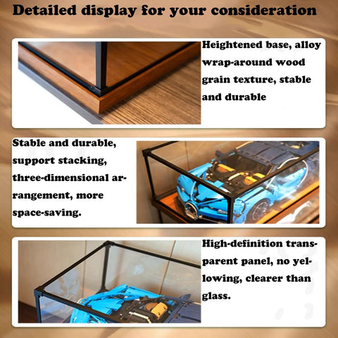 Durable Acrylic Display Case For 76232 Airships Model Set, dustproof box with wood grain texture and transparent panels.