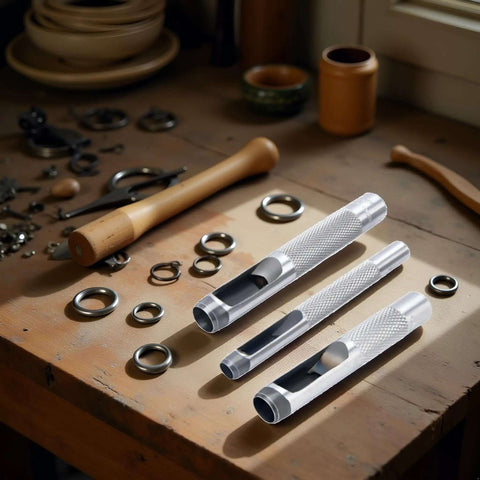 Three Piece Grommet Hole Punch Set With Steel Hollow Punches For Leatherworking And Crafts Includes Quarter Inch Three Eighths Inch And Half Inch Sizes Heavy Duty Steel Construction For Long Lasting Durability And Precision For Do It Yourself Projects on a workbench.