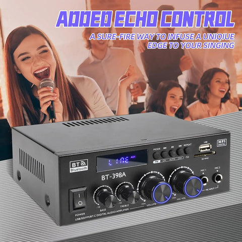 BT398A Stereo Amplifier Receiver with Bluetooth USB SD FM Radio Optical and Coaxial Inputs 900W Peak Power 2 Channel Home Audio Amplifier for passive speakers.