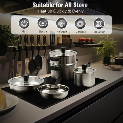 Induction Ready Stainless Steel 14 Piece Cookware Set With Stay Cool Handles Glass Lids Steamer Insert And Utensils displayed on stove