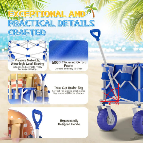 Heavy Duty Beach Wagon With Big All Terrain Wheels For Sand And Grass, 400 Lbs Capacity, blue fabric, ergonomic handle