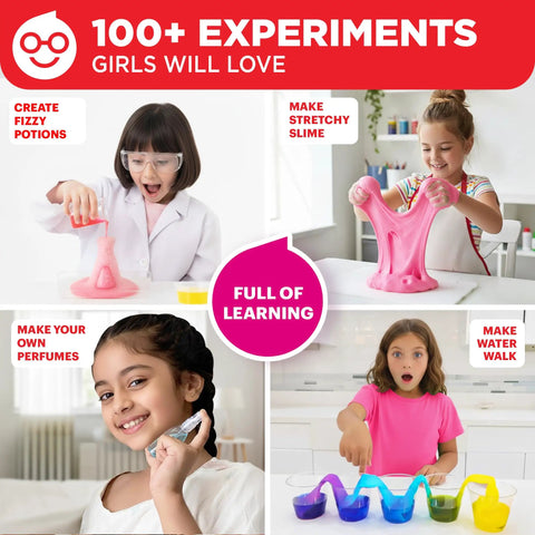 Girls First Science Kit For Ages 4 To 8, STEM Toy With 100 Plus Experiments, kids performing fun science activities.