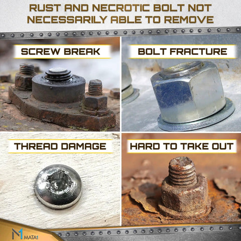 Image showing examples of stripped and damaged screws addressed by 22 Piece Pro Grade Screw Extractor Set For Stripped And Damaged Screws With Drill Bits Extraction Bits Magnetic Bit Extender Socket Adapter And Magnetic Storage Case For Easy Organization.