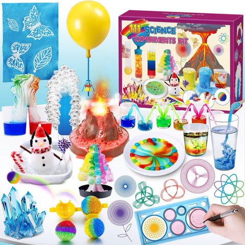 111 Experiments Science Kit For Kids With Chemistry Set STEM Toys For Boys And Girls Kid Friendly Birthday Gifts Volcano Crystals Physics Lab Educational Learning Project At Home Fun showing various colorful experiments and toys.