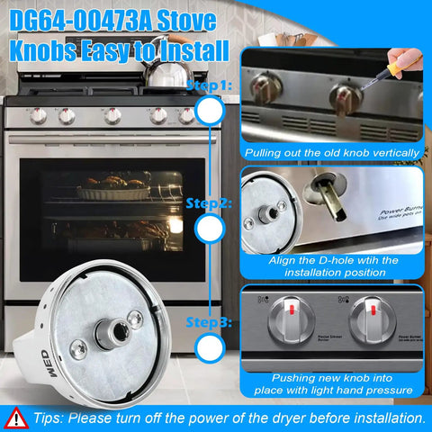 Stove Knob Replacement Set For Samsung Gas Range And Oven DG64-00473A installation steps shown on stainless steel stove.