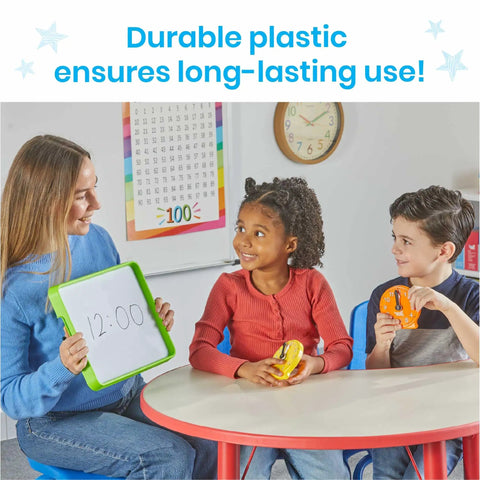 Teacher and two kids using Awesome Set Of Six Rainbow Geared Mini Learning Clocks For Kids To Practice Telling Time Hands On These Analog Teaching Toys