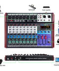 Diagram of 8 Channel Audio Mixer With Bluetooth And USB For DJ Podcast Live Streaming And Karaoke 48V Phantom Power and connections