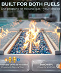 Outdoor Propane Fire Pit Table With 50,000 BTU, No Assembly, Rectangular Natural Gas Firepit, built for both fuels
