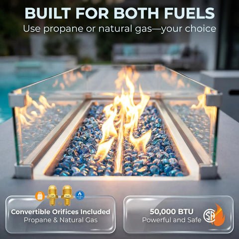 Outdoor Propane Fire Pit Table With 50,000 BTU, No Assembly, Rectangular Natural Gas Firepit, built for both fuels