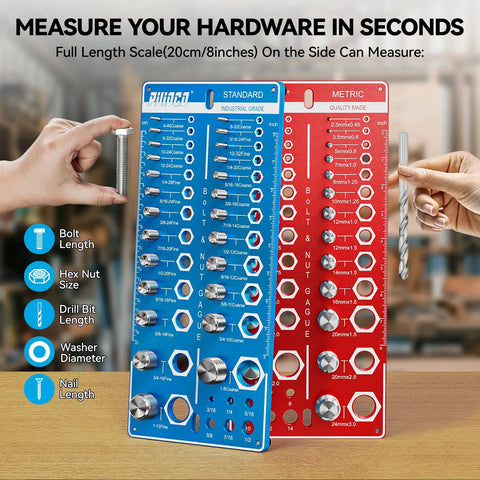 62 Nut And Bolt Thread Checker Gauge With Standard And Metric Sizing displayed on a table with hands showing its use