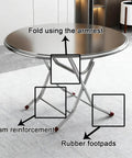 Ultra Strong Stainless Steel Folding Work Table With Thick Silicone Floor Pads And Premium Brushed Finish X Beam Reinforcement showing safety features and folding mechanism.