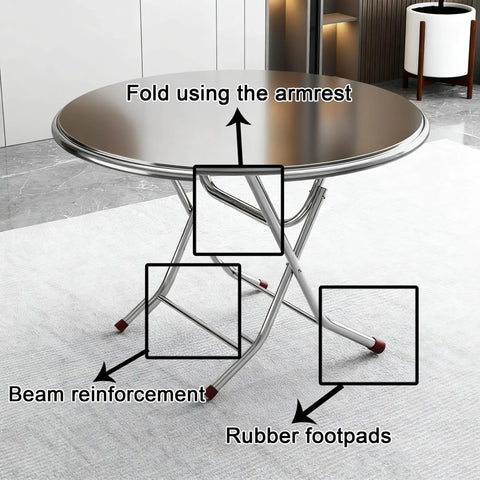 Ultra Strong Stainless Steel Folding Work Table With Thick Silicone Floor Pads And Premium Brushed Finish X Beam Reinforcement showing safety features and folding mechanism.