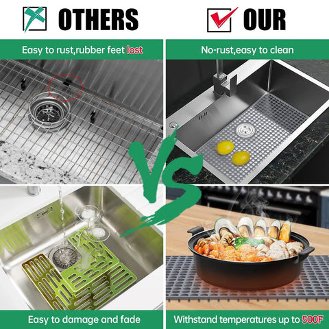 Comparison between metal and silicone sink protectors; Silicone Kitchen Sink Mat Protector For Stainless Steel Sinks 27.2 X 13.4 Inches No Slip Heat Resistant Drain Grate Gray Flexible Bends With Sink Contours Cancels Scratches Keeps Countertop Safe.