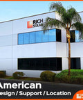 Office building with palm tree, labeled Rich Solar, highlighting American design, support, and location aspects.