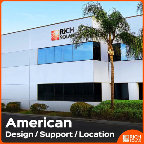 Office building with palm tree, labeled Rich Solar, highlighting American design, support, and location aspects.
