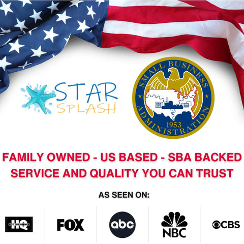 Star Splash logo next to SBA logo on American flag background with media logos below, promoting family-owned US-based businesses.