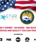 Star Splash logo with American flag, SBA emblem, and TV network logos below, highlighting family-owned US-based business.