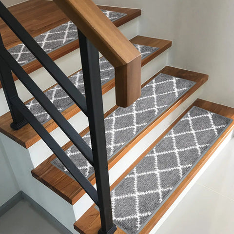 15 Piece Non Slip Stair Treads For Wooden Steps Indoor Carpet Runner Rugs Mat 8x30 Inches Gray Diamond Pattern