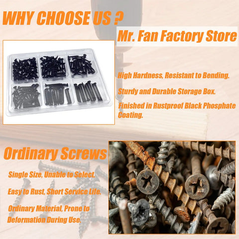 170 Piece Wood And Drywall Screw Set With 6 Sizes Flat Head Self Tapping Black Screws in compartmentalized storage.