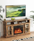 Electric Fireplace TV Stand For 65 Inch TVs With 23 Inch Fireplace Insert, brown finish in living room setting