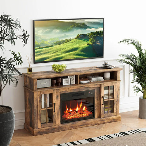 Electric Fireplace TV Stand For 65 Inch TVs With 23 Inch Fireplace Insert, brown finish in living room setting