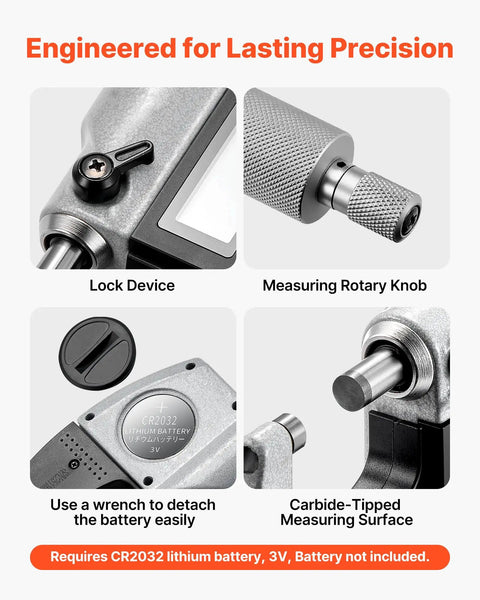 Digital Outside Micrometer Set 0-1 Inch Range With LCD Screen features lock device, rotary knob, battery compartment, carbide-tipped surface