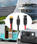 MC4 To XT60 Solar Extension Cable 2Ft 10AWG Pro Grade Copper Core Charge Lead For Portable Power Stations And DIY Solar Kits Heavy Duty Build With Safe Insulation And High Conductivity connectors shown with applications in RVs, boats, solar panels, and power stations.