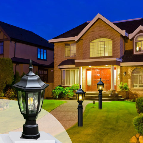 Dope Outdoor Post Light LED Lantern With Pier Mount Base lighting a garden path in front of a house at night