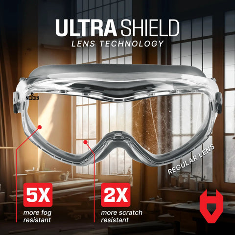 Anti Fog Safety Goggles With Premium Anti Scratch Coating And Lenses UV Shield, shown in industrial backdrop.
