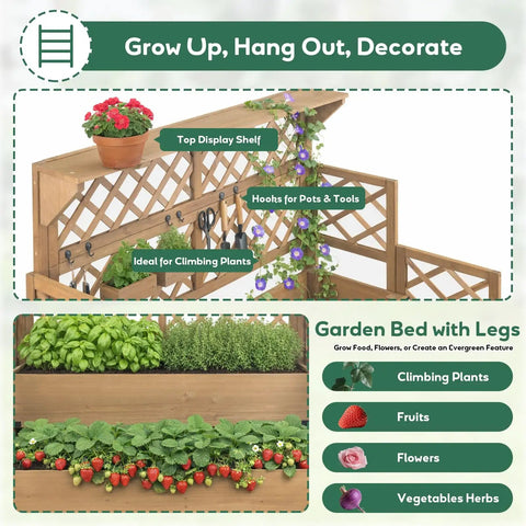 Two Tier Raised Garden Bed With Trellis And Top Shelf For Patio Or Balcony showing dual planting areas and hooks for pots
