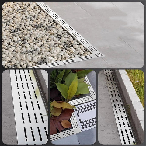 Heavy Duty Trench Drainage System Kit For Courtyard, Lawn Path, Driveway And Outdoor Pathways Stainless steel drain grate in garden.